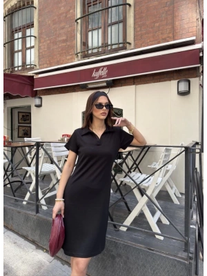 Osy odal Yumuşak Dokulu Kumaş Yakalı Kısa Kollu Elbise  iyah