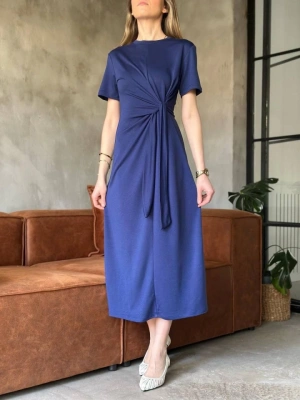 Osy odal Yumuşak Dokulu Kumaş Yandan Bağlamalı Elbise  acivert