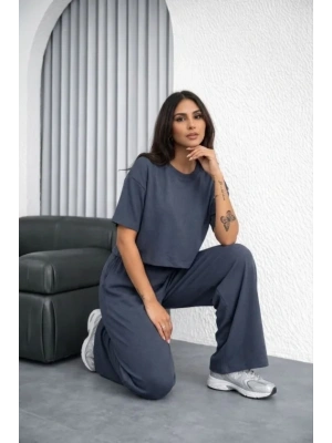 Osy odal Yumuşak Dokulu Şalaş Oversize İkili Takım Bol Paça Pantolonlu Rahat Günlük Takım  Füme