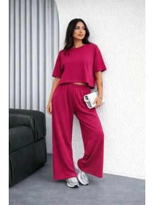 Osy odal Yumuşak Dokulu Şalaş Oversize İkili Takım Bol Paça Pantolonlu Rahat Günlük Takım  Fuşya