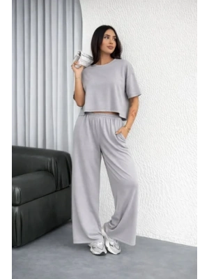 Osy odal Yumuşak Dokulu Şalaş Oversize İkili Takım Bol Paça Pantolonlu Rahat Günlük Takım  Gri