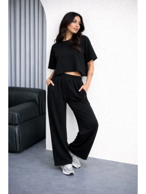 Osy odal Yumuşak Dokulu Şalaş Oversize İkili Takım Bol Paça Pantolonlu Rahat Günlük Takım  iyah