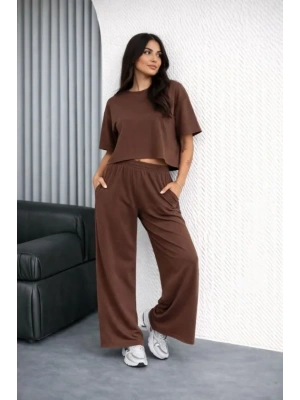 Osy odal Yumuşak Dokulu Şalaş Oversize İkili Takım Bol Paça Pantolonlu Rahat Günlük Takım  Kahverengi