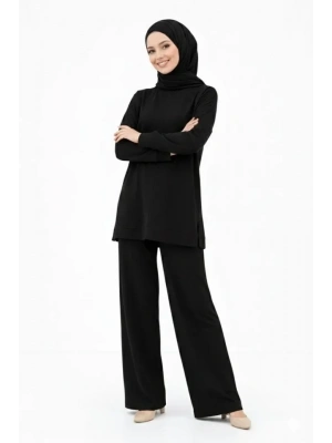 Osy odal Yumuşak Dokulu Tesettür İkili Takım Yan Yırtmaçlı Uzun Tunik Ve Düz Paça Pantolon, alaş Kalıp  iyah