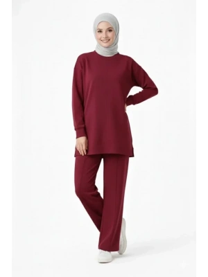 Osy odal Yumuşak Dokulu Tesettür İkili Takım Yan Yırtmaçlı Uzun Tunik Ve Düz Paça Pantolon, alaş Kalıp  Bordo