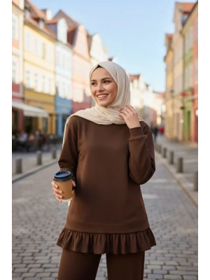 Osy odal Yumuşak Dokulu Tesettür Pliseli Takım Uzun Tunik Pantolon İkili Kombin  Kahverengi