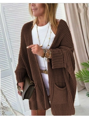 Oversize Kalıp Cepli Salaş Triko Hırka Kahve