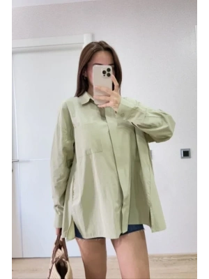 Oversize Pens Detaylı Cepli Yırtmaçlı Rahat Kalıp Poplin Gömlek  Yeşil