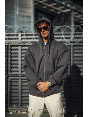 Oversize Tam Fermuarlı Uzun Kol Hırka  Füme