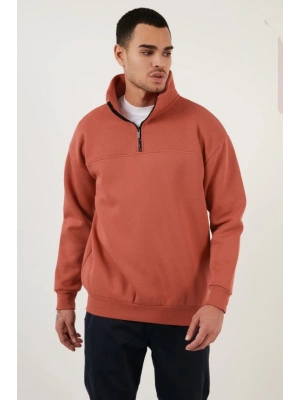 Oversize Yarım Farmuarlı Yakalı Basic weathirt  Gül Kurusu