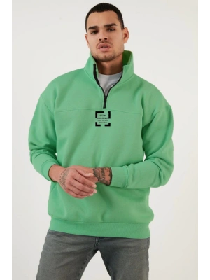 Oversize Yarım Farmuarlı Yakalı Özel Tasarım Basic weathirt  Açık Yeşil