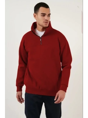 Oversize Yarım Farmuarlı Yakalı Özel Tasarım Basic weathirt  Bordo