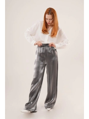 Parlak Görünümlü Cepli Antrasit Bol Paça Pantolon