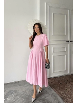 Pembe Arkadan Bağlamalı Büzgülü Keten Elbise