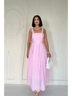 Pembe Askılı Aparatlı Brode Elbise