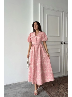 Pembe Bebe Yaka Balon Kollu Elbise