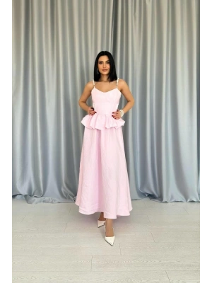 Pembe Beli Büzgülü İnci Askılı Uzun Elbise
