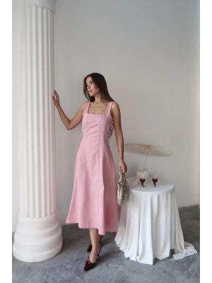 Pembe Çift Dikişli Gabardin Elbise