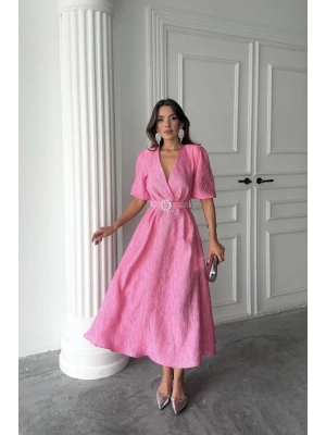 Pembe Işıltılı Kemerli Kruvaze Elbise