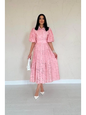 Pembe Kemerli Balon Kollu Elbise