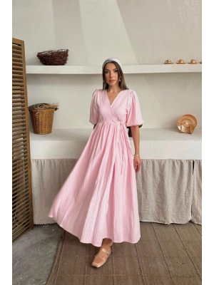 Pembe Müslin Uzun Elbise