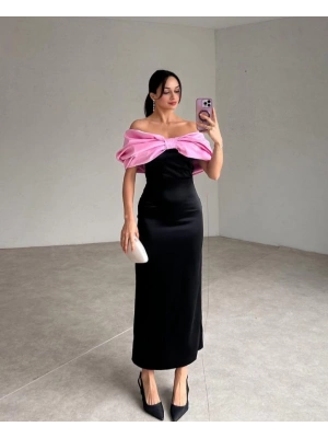 Pembe Önü Fiyonklu Elbise