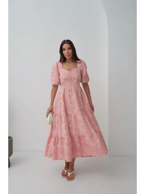 Pembe Süs Düğmeli Balon Kollu Elbise