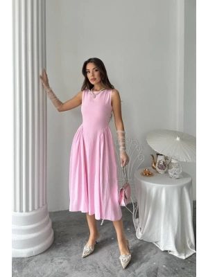 Pembe Yanları Büzgülü Midi Boy Keten Elbise
