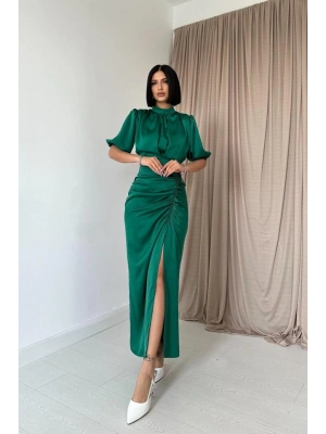 Petrol Büzgülü Saten Elbise