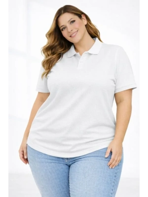 Pike Kumaş Düğmeli Yaka Battal Büyük Beden Günlük Kısa Kol Tişört Tshirt  Beyaz