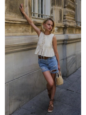 Pileli Bağlamlı Bluz  Natür