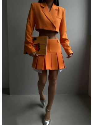 Pileli Etek Crop Ceket Takım