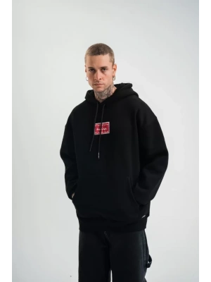 POIZEI Premium Kalite Unisex Kapşonlu Dijital Patchli SweatShirt  Siyah