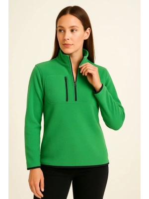 Polar Kazak – Dik Yaka, Yarım Fermuarlı, Fermuarlı Göğüs Cepli, iyah Biyeli, Kışlık Rahat Regular Fit Günlük odel  Yeşil