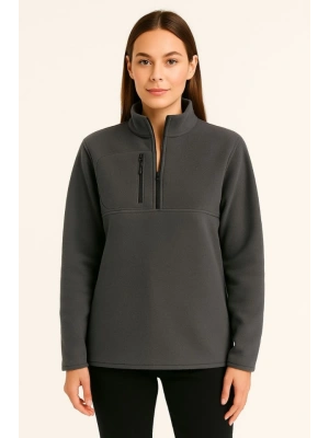 Polar Kazak – Dik Yaka, Yarım Fermuarlı, Fermuarlı Göğüs Cepli, iyah Biyeli, Kışlık Rahat Regular Fit Günlük odel  Füme