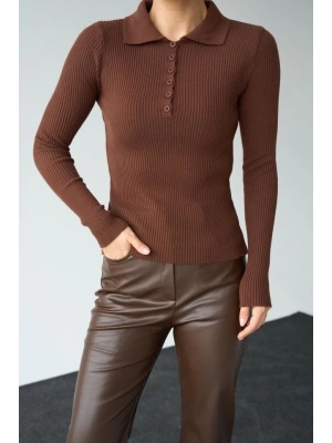 Polo Yaka 6 Düğmeli Kazak  KAHVE