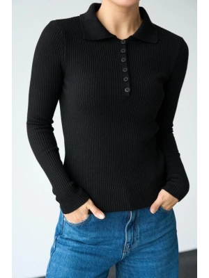 Polo Yaka 6 Düğmeli Kazak  Siyah