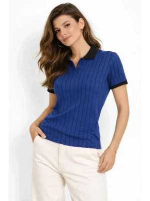 Polo Yaka Çizgili Tişört Kısa Kol Düğmeli Yazlık Thirt  aks avisi