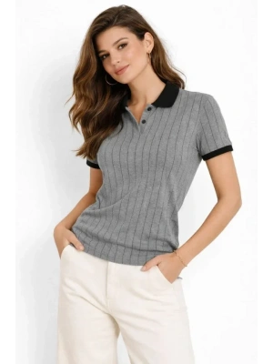 Polo Yaka Çizgili Tişört Kısa Kol Düğmeli Yazlık Thirt  Gri
