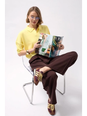 Polo Yaka Crop Dokulu Bluz