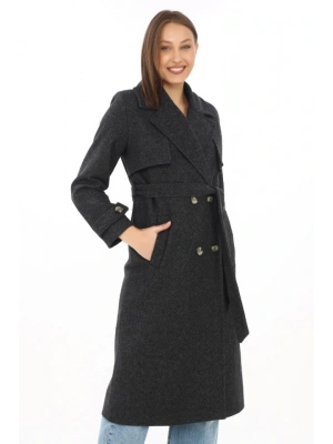 Premium Kaşe Kaban Uzun Boy, Balık ırtı Yünlü Kaşmir Dokuma, Kruvaze Kuşaklı Astarlı  iyah