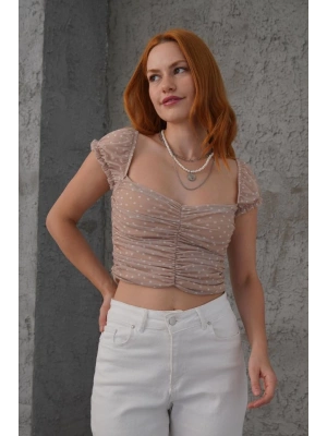 Puantiyeli Belden Oturtmalı Tül Krem Bluz