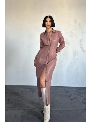 Pudra Boydan Düğmeli Deri Elbise