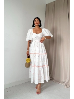 Pudra Dantel Detaylı Brode Elbise