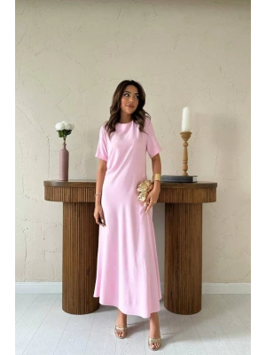 Pudra Pileli Bisiklet Yaka Elbise