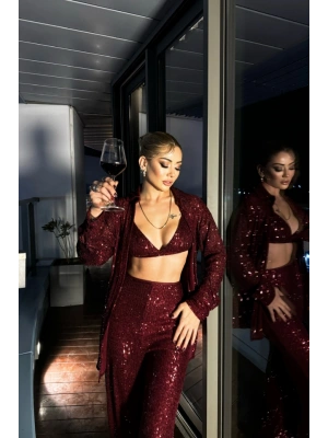 PUL PAYET 3 LÜ TAKIM  CEKETBÜTİYERPANTOLON  Bordo