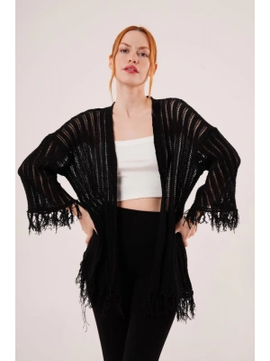 Püskül Detaylı Delikli Model Siyah Hırka