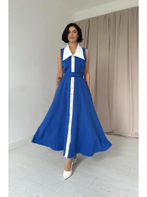 Saks Geniş Yakalı Halter Kollu Elbise