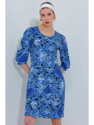 Saks Gül Desenli Midi Elbise 2477