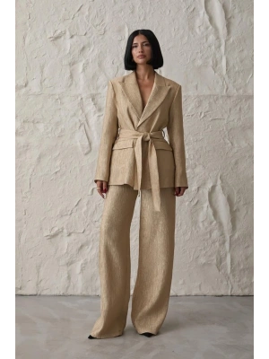 Sarı Beli Kuşaklı Ceket Ve Pantolon Parlak Takım